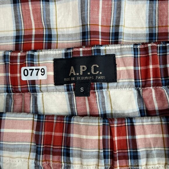A.P.C. Off-Shoulder Plaid Midi Sheath Dress Bow Tie Details Linen Blend Womens M - Picture 8 of 11